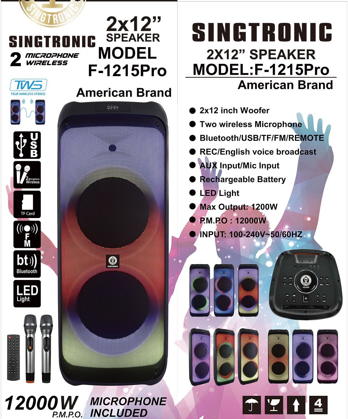 Singtronic F-1215Pro Professional 1200W Powered Bluetooth Karaoke Speaker System
