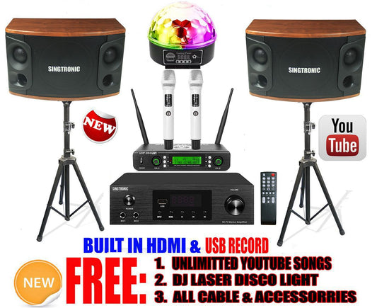 Singtronic Mini 1000W Youtube Karaoke System Select Songs by Iphone/Ipad & PC Tablets Built in HDMI-Arc, AM & FM Radios, Optical Input & Bluetooth Function. Model: 2021