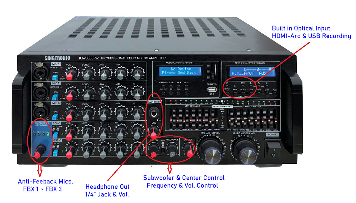 Professional Karaoke Mixing Amplifier 3000W with Anti-Feedback by Singtronic