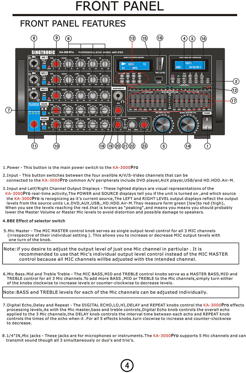 Professional Karaoke Mixing Amplifier 3000W with Anti-Feedback by Singtronic