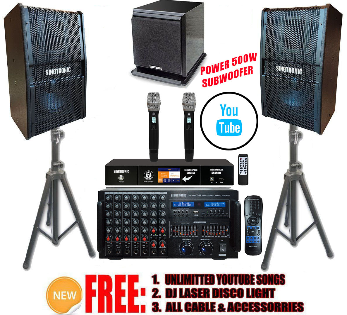 Singtronic Professional Complete 4000W Karaoke System Built in Anti-Feedback Mics. & Subwoofer