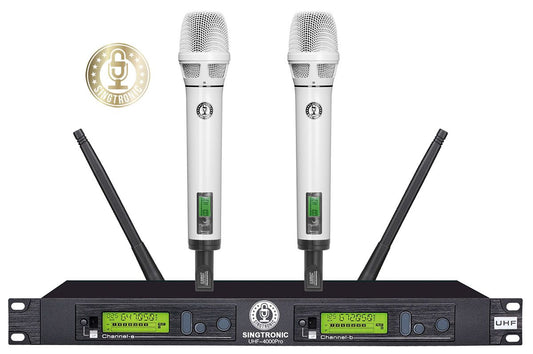 Singtronic UHF-4000Pro-White Professional Digital Dual PLL Wireless Durable Metallic Handheld Microphone Karaoke System