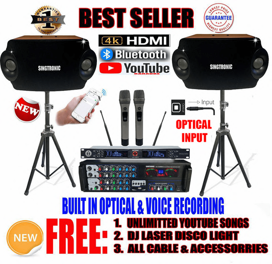 Model: 2020 Youtube Karaoke System by Iphone/Ipad & Pc Tablet Professional 2000W Complete Karaoke System Built in USB Voice Record, Bluetooth & Optical