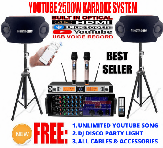 Youtube Karaoke System by Iphone/Ipad & Pc Tablet Professional 2500W Complete Karaoke System Special Built in HDMI, Voice Record, Bluetooth & Optical / Coax Free: Gifts