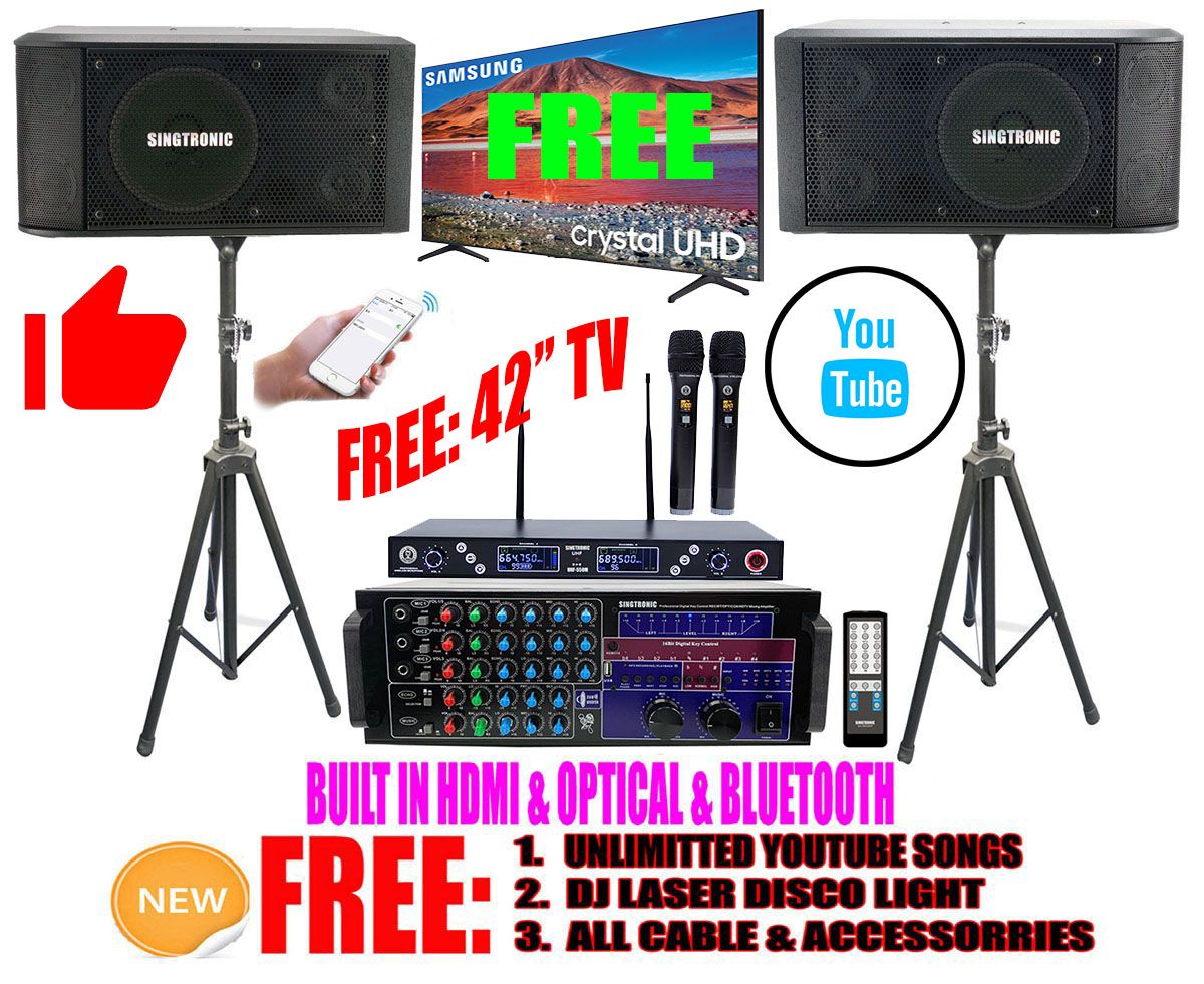 Newest Model: 2020 Youtube Karaoke System by Iphone/Ipad & Pc Tablet Professional 3000W Complete Karaoke System Special Built in HDMI, USB Voice Record, Bluetooth Function & Optical / Coax FREE: 42" Samsung TV