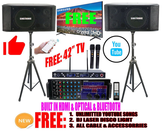 Newest Model: 2020 Youtube Karaoke System by Iphone/Ipad & Pc Tablet Professional 3000W Complete Karaoke System Special Built in HDMI, USB Voice Record, Bluetooth Function & Optical / Coax FREE: 42" Samsung TV