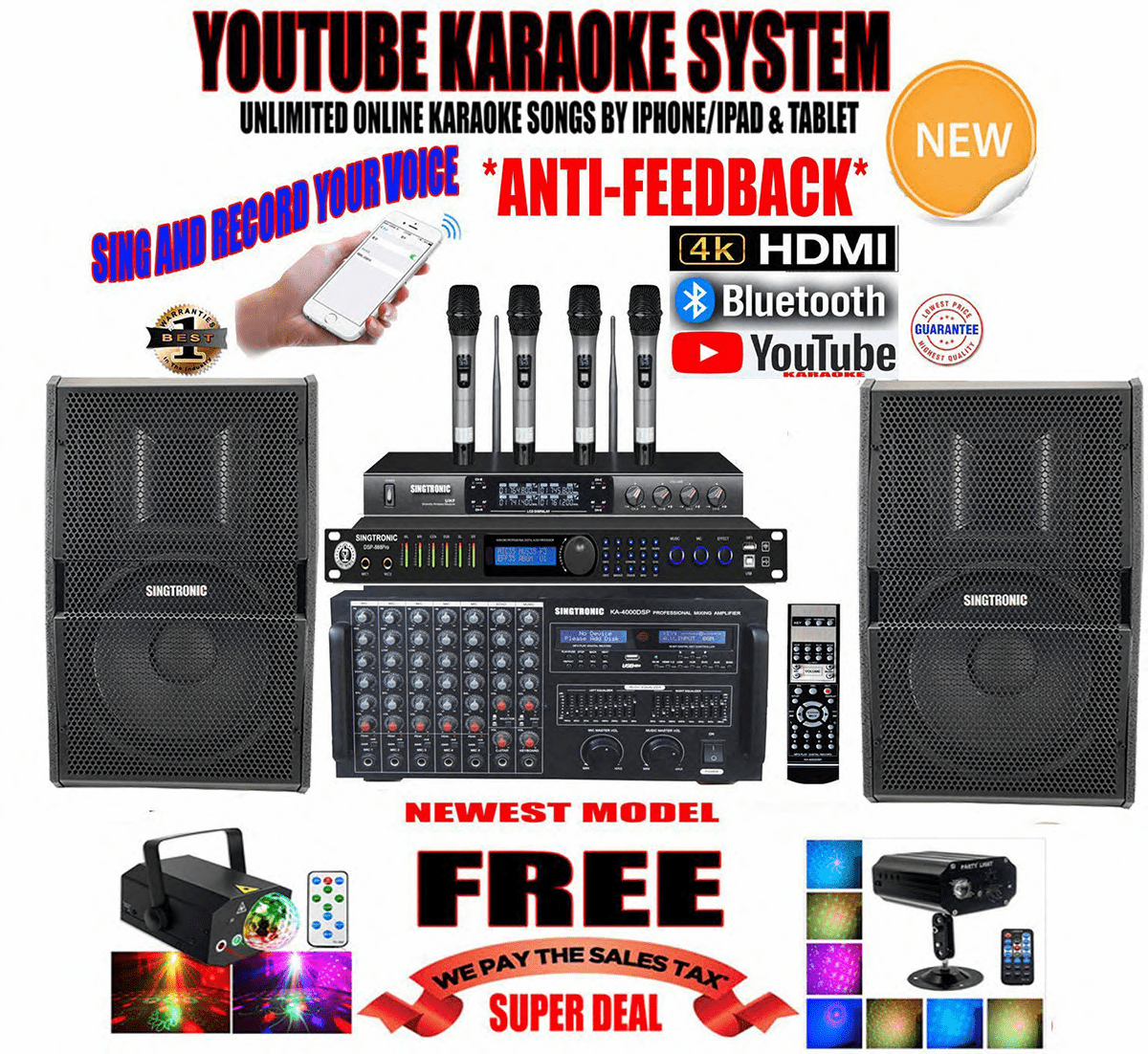 Newest Model: 2020 Youtube Karaoke System by Iphone/Ipad & PC Tablets Professional 4000W Complete Karaoke System Special Built in HDMI, Bluetooth, Voice Recording & Digital Optical Free: UHF-3500 Wireless 4 x Microphone Perfect for Home