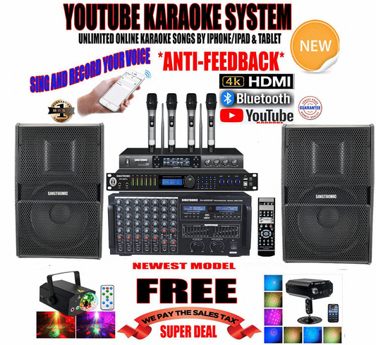Newest Model: 2020 Youtube Karaoke System by Iphone/Ipad & PC Tablets Professional 4000W Complete Karaoke System Special Built in HDMI, Bluetooth, Voice Recording & Digital Optical Free: UHF-3500 Wireless 4 x Microphone Perfect for Home