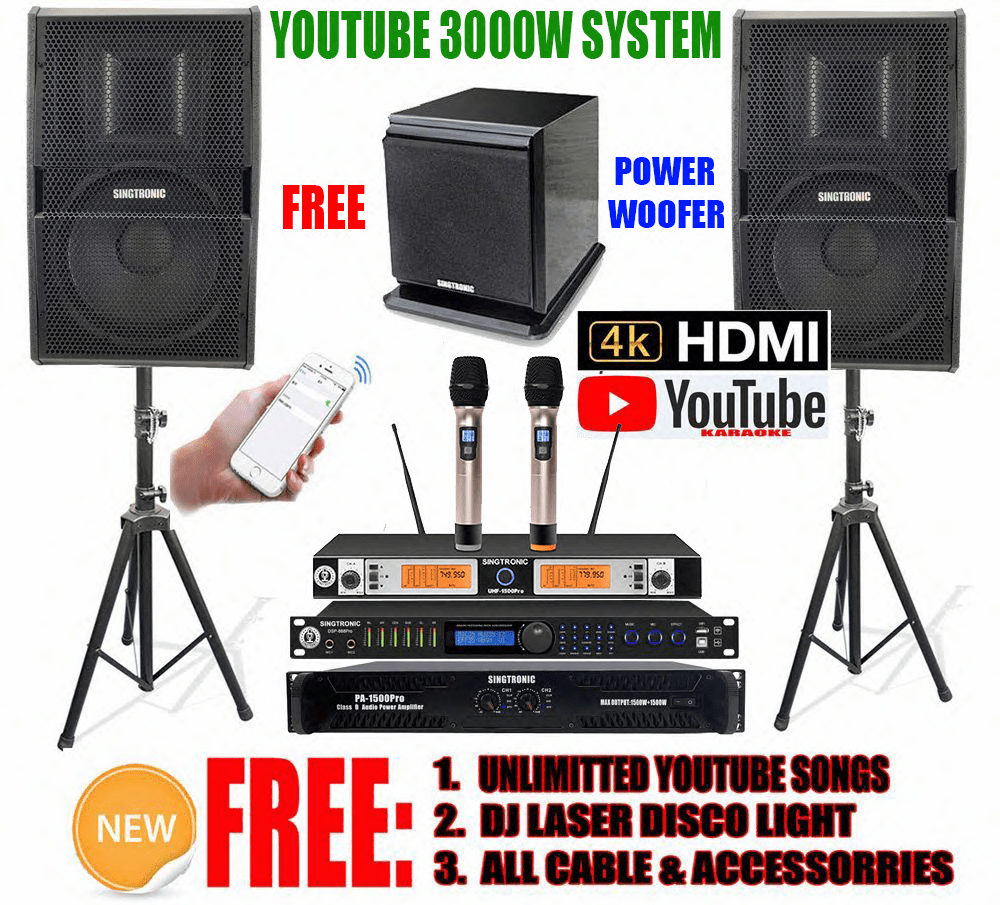Newest Model: 2020 Youtube Karaoke System by Iphone/Ipad & PC Tablets Professional 3000W Complete Karaoke System Special Built in Digital Optical, Coax, Voice Recording & Bluetooth Function Free: SW-350B Power Sub-woofer Perfect for DJ & KJ