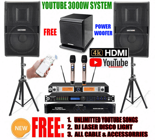 Newest Model: 2020 Youtube Karaoke System by Iphone/Ipad & PC Tablets Professional 3000W Complete Karaoke System Special Built in Digital Optical, Coax, Voice Recording & Bluetooth Function Free: SW-350B Power Sub-woofer Perfect for DJ & KJ