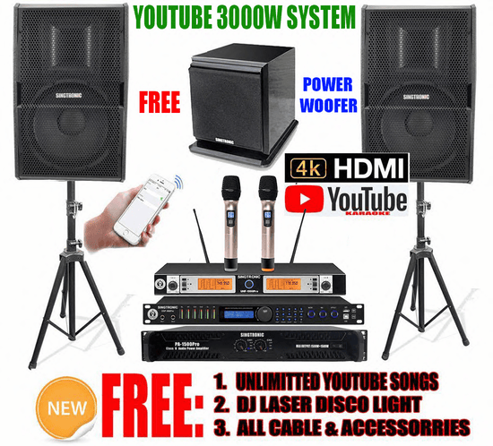 Newest Model: 2020 Youtube Karaoke System by Iphone/Ipad & PC Tablets Professional 3000W Complete Karaoke System Special Built in Digital Optical, Coax, Voice Recording & Bluetooth Function Free: SW-350B Power Sub-woofer Perfect for DJ & KJ