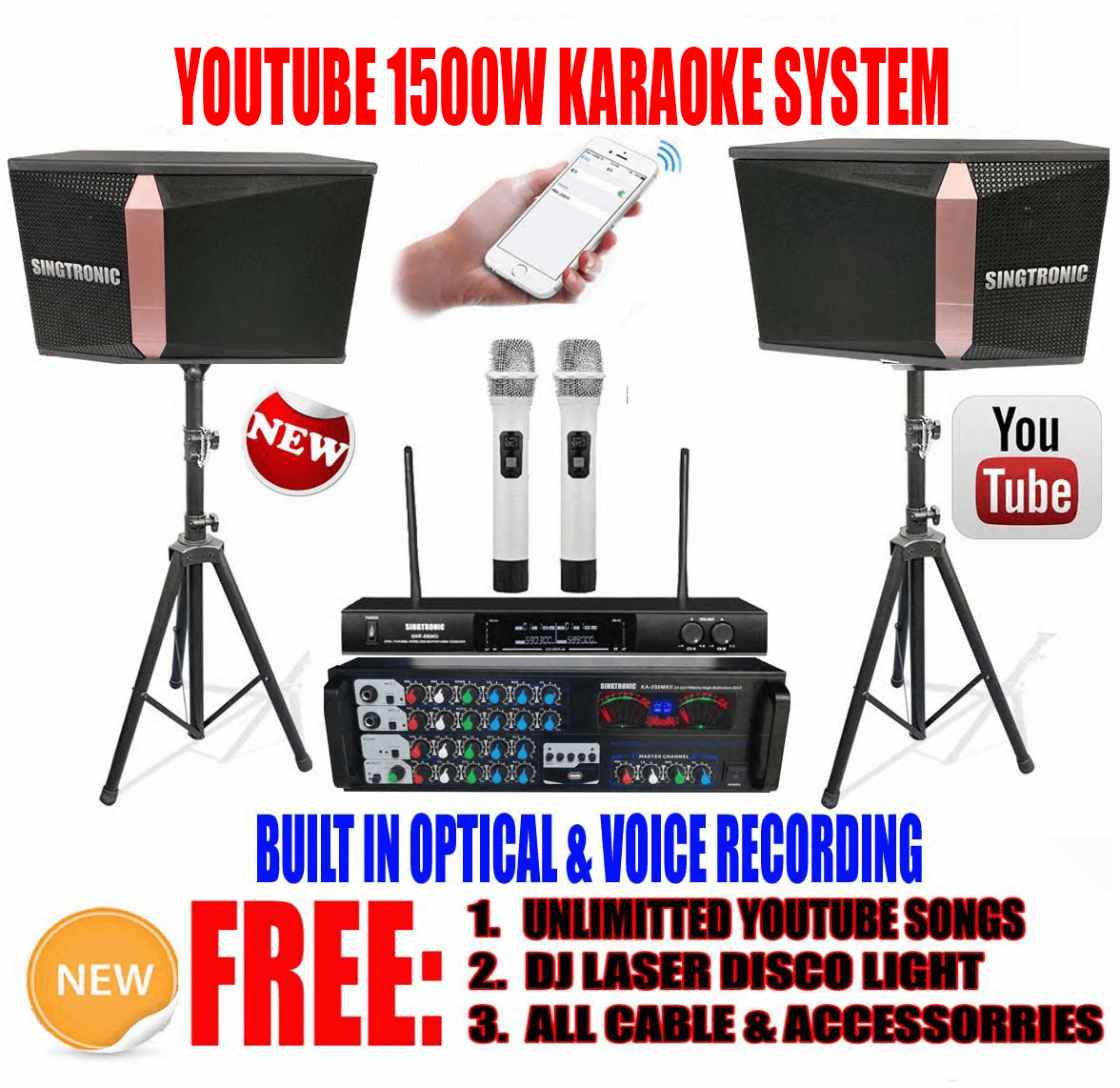 Model: 2020 Youtube Karaoke System by Iphone/Ipad & Pc Tablet Professional 1500W Complete Karaoke System Built in USB Voice Record, Bluetooth & Optical
