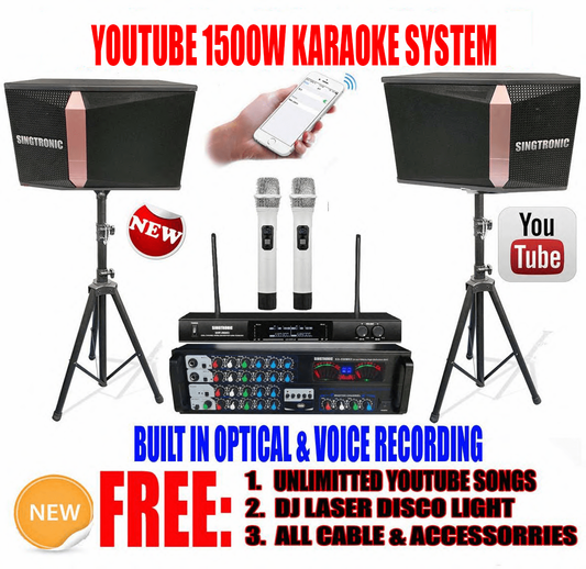 Model: 2020 Youtube Karaoke System by Iphone/Ipad & Pc Tablet Professional 1500W Complete Karaoke System Built in USB Voice Record, Bluetooth & Optical
